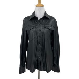 Good American Shirt Jacket Women 0 Black Faux Leather Military Snap Fleece Lined